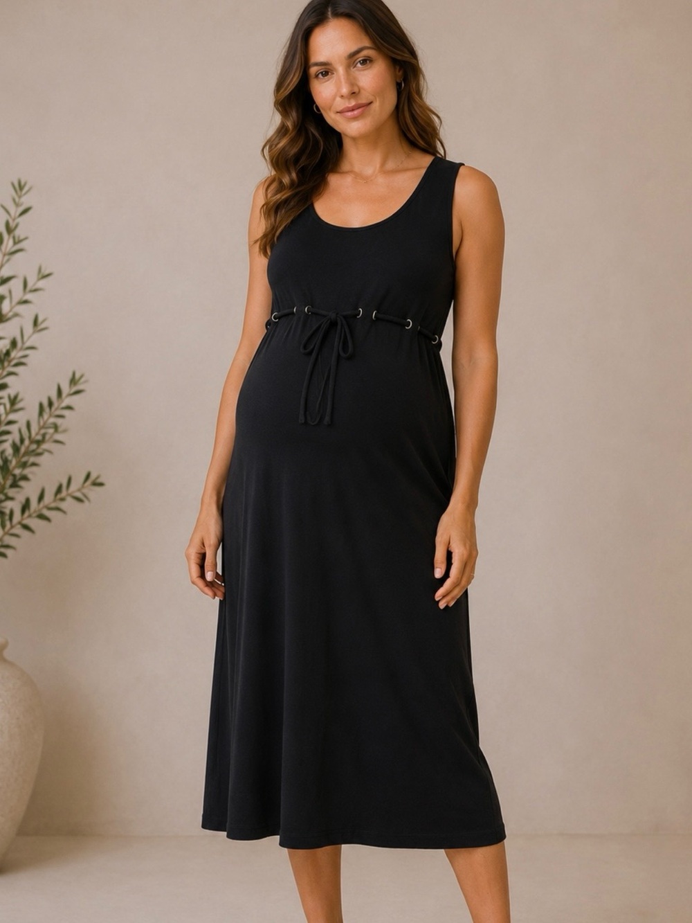Mimi Maternity Sz Large Black Dress Midi Sleeveless Empire Waist Rope Belt